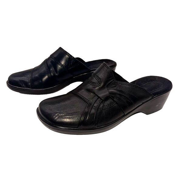 Clarks Black Leather Clogs Womens Size 8 Slip On Heels Mules - Picture 3 of 6